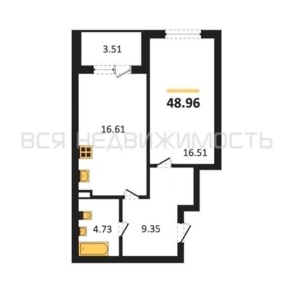 1-комнатная квартира, 48.96кв.м - изображение