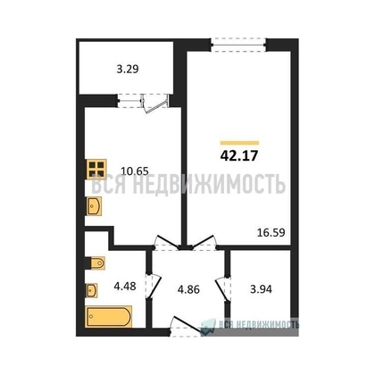 1-комнатная квартира, 42.17кв.м - изображение