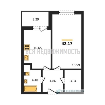 1-комнатная квартира, 41.01кв.м - изображение