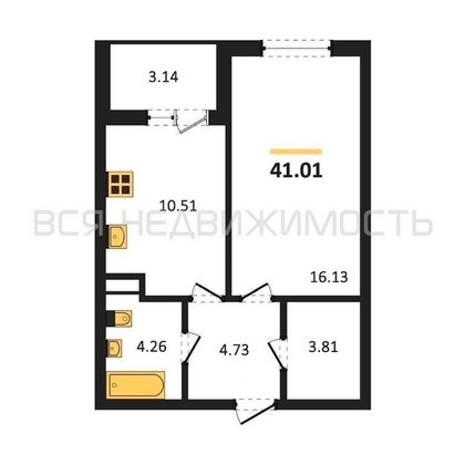1-комнатная квартира, 41.01кв.м - изображение