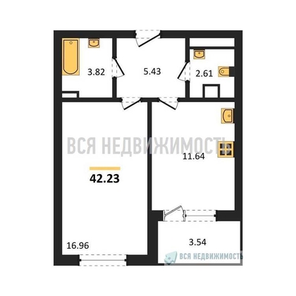 1-комнатная квартира, 42.23кв.м - изображение
