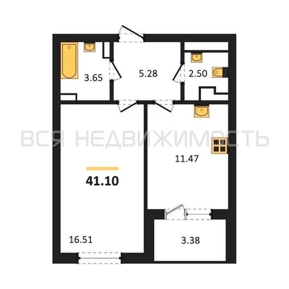 1-комнатная квартира, 41.1кв.м - изображение