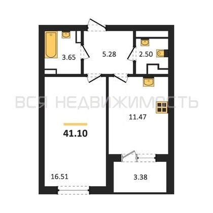1-комнатная квартира, 41.1кв.м - изображение