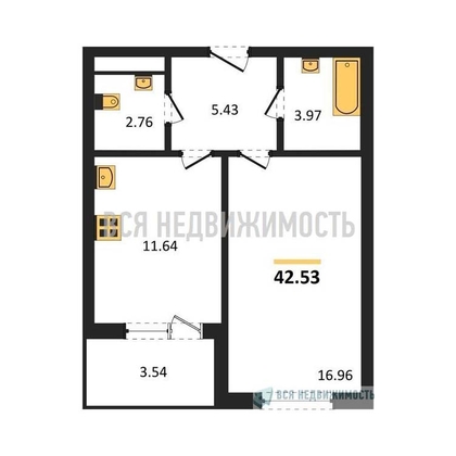 1-комнатная квартира, 42.53кв.м - изображение