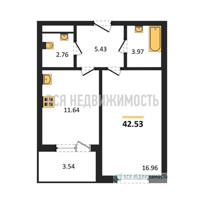 1-комнатная квартира, 41.57кв.м - изображение