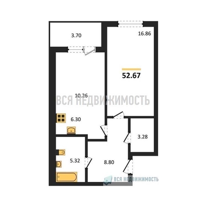 1-комнатная квартира, 52.67кв.м - изображение