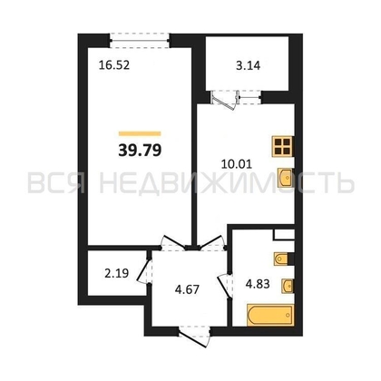 1-комнатная квартира, 39.79кв.м - изображение