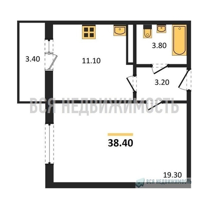 1-комнатная квартира, 38.4кв.м - изображение