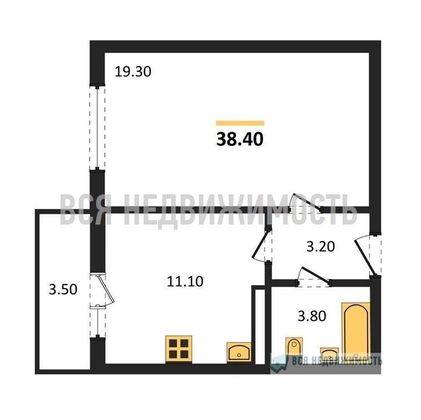 1-комнатная квартира, 38.4кв.м - изображение