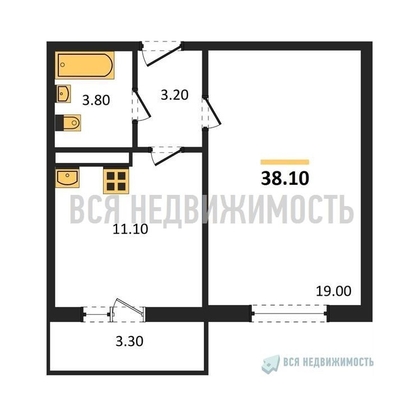 1-комнатная квартира, 38.1кв.м - изображение