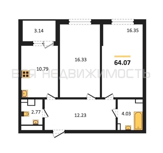 2-комнатная квартира, 64.07кв.м - изображение 0