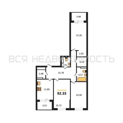 3-комнатная квартира, 92.33кв.м - изображение