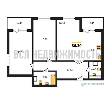 2-комнатная квартира, 86.14кв.м - изображение