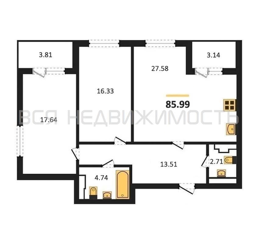 2-комнатная квартира, 85.99кв.м - изображение 0