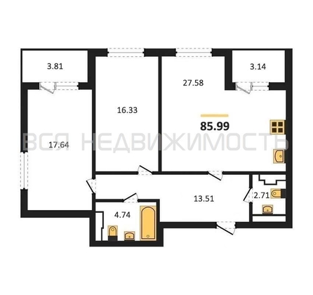 2-комнатная квартира, 85.99кв.м - изображение