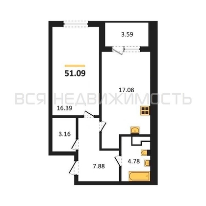 1-комнатная квартира, 51.09кв.м - изображение