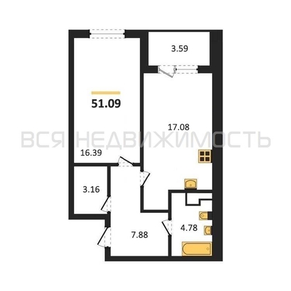 1-комнатная квартира, 51.09кв.м - изображение