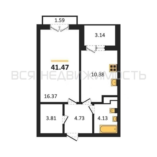 1-комнатная квартира, 41.47кв.м - изображение 0