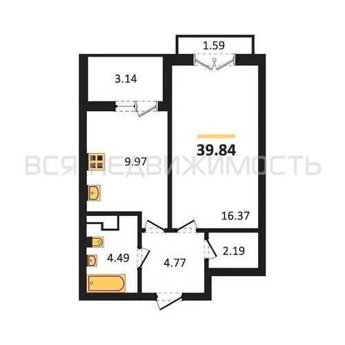 1-комнатная квартира, 39.84кв.м - изображение 0