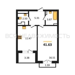 1-комнатная квартира, 41.63кв.м - изображение 1