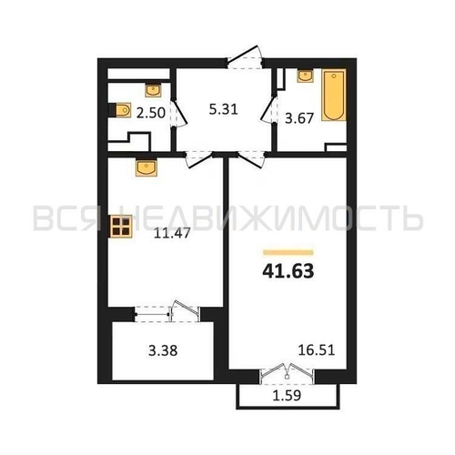 1-комнатная квартира, 41.63кв.м - изображение 0