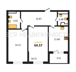 2-комнатная квартира, 64.57кв.м - изображение 1