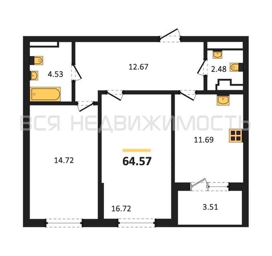 2-комнатная квартира, 64.57кв.м - изображение 0