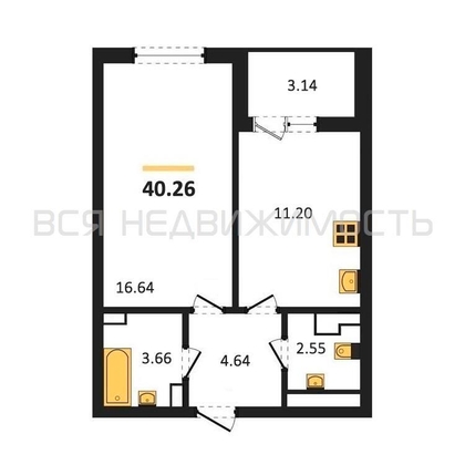 1-комнатная квартира, 40.26кв.м - изображение