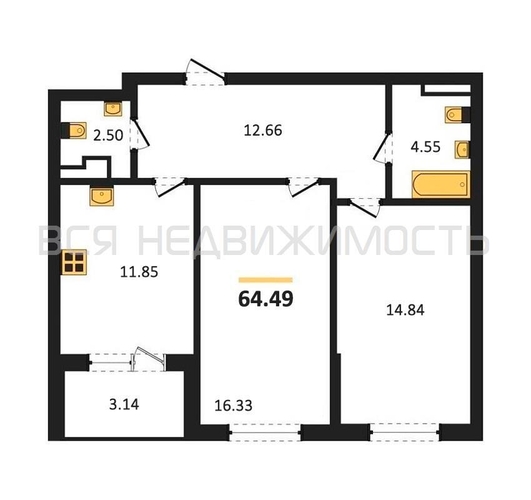 2-комнатная квартира, 64.49кв.м - изображение 0