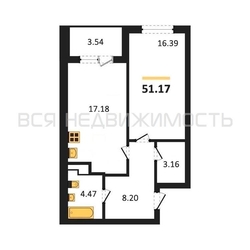 1-комнатная квартира, 51.17кв.м - изображение 1