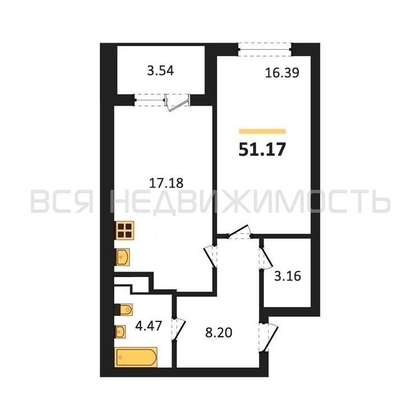 1-комнатная квартира, 51.17кв.м - изображение