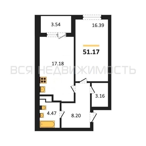 1-комнатная квартира, 51.17кв.м - изображение 0
