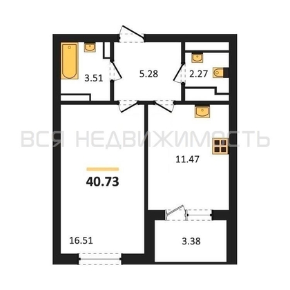 1-комнатная квартира, 40.73кв.м - изображение