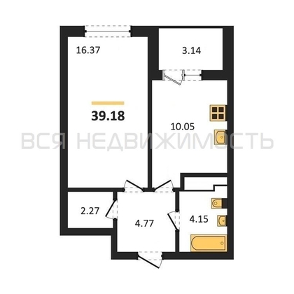 1-комнатная квартира, 39.18кв.м - изображение