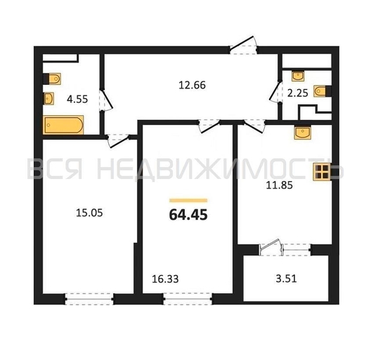 2-комнатная квартира, 64.45кв.м - изображение 0