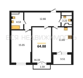 2-комнатная квартира, 64.88кв.м - изображение 1