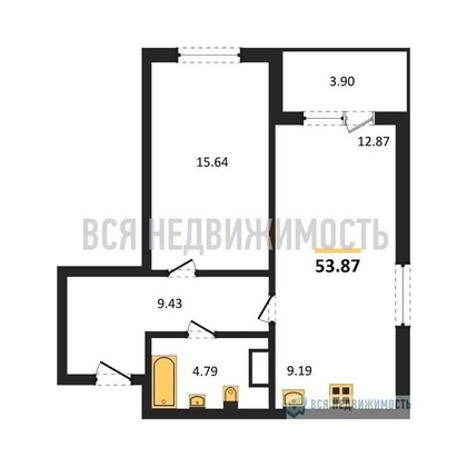 1-комнатная квартира, 53.87кв.м - изображение