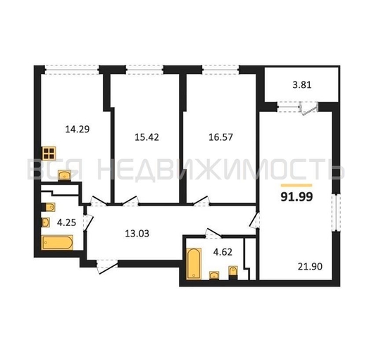 3-комнатная квартира, 91.99кв.м - изображение 0