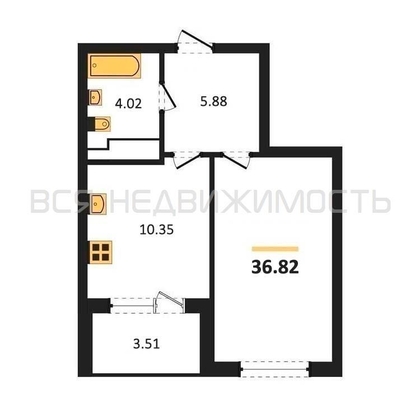 1-комнатная квартира, 36.82кв.м - изображение