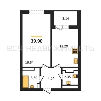 1-комнатная квартира, 39.9кв.м - изображение