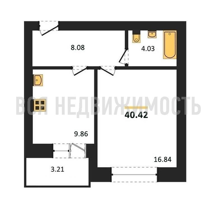 1-комнатная квартира, 40.42кв.м - изображение