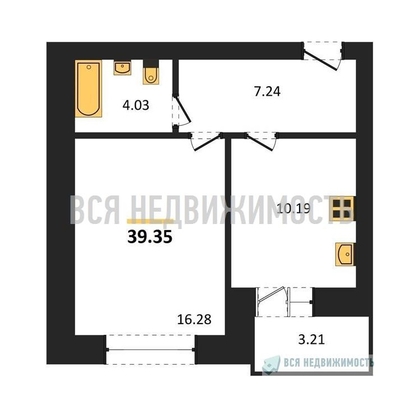 1-комнатная квартира, 39.35кв.м - изображение