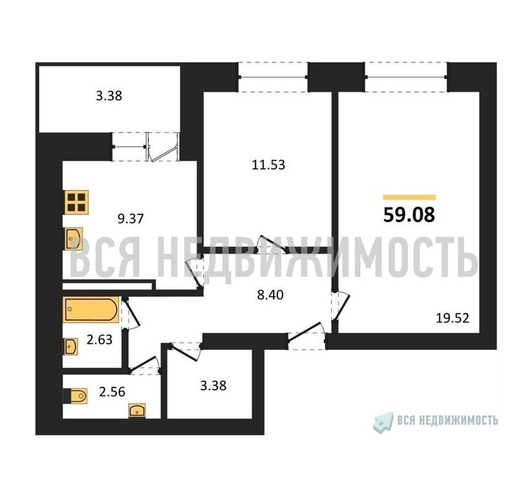 2-комнатная квартира, 59.08кв.м - изображение 0