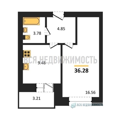 1-комнатная квартира, 36.28кв.м - изображение