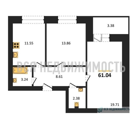 2-комнатная квартира, 61.04кв.м - изображение