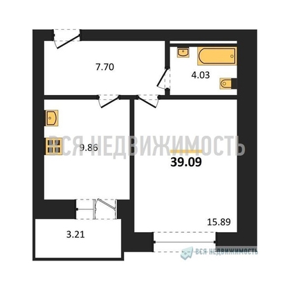 1-комнатная квартира, 39.09кв.м - изображение