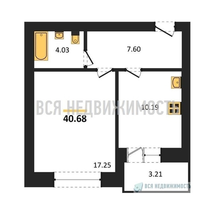 1-комнатная квартира, 40.68кв.м - изображение