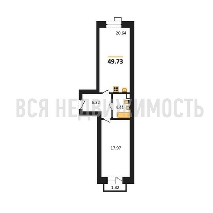 1-комнатная квартира, 49.73кв.м 1-комнатная квартира, 49.73кв.м - изображение