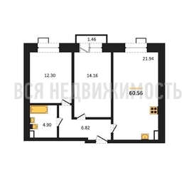 2-комнатная квартира, 60.56кв.м 2-комнатная квартира, 60.56кв.м - изображение 1