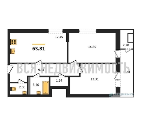 2-комнатная квартира, 63.81кв.м - изображение